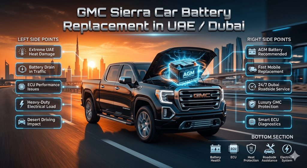 GMC Sierra luxury pickup truck in Dubai with glowing AGM battery infographic showing UAE heat impact, ECU protection, roadside battery replacement, and advanced battery diagnostics.