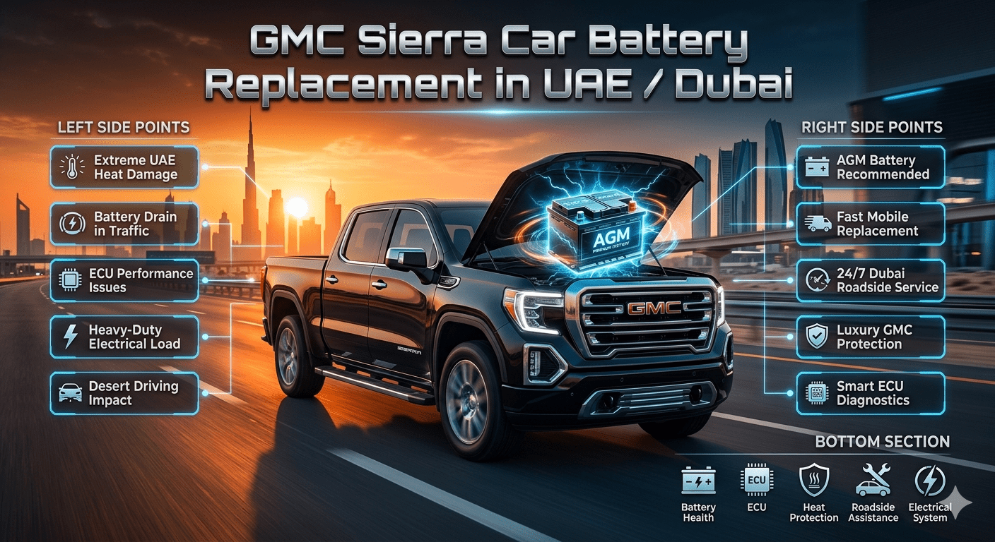 GMC Sierra luxury pickup truck in Dubai with glowing AGM battery infographic showing UAE heat impact, ECU protection, roadside battery replacement, and advanced battery diagnostics.
