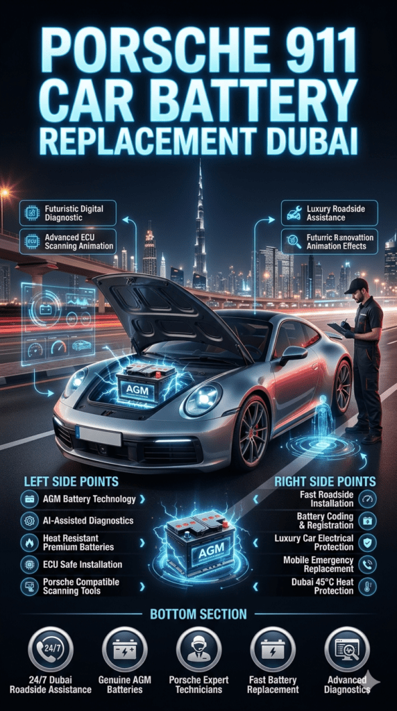 Premium Porsche 911 battery replacement Dubai infographic with AGM battery technology, AI diagnostics, luxury roadside assistance, and futuristic automotive design.
