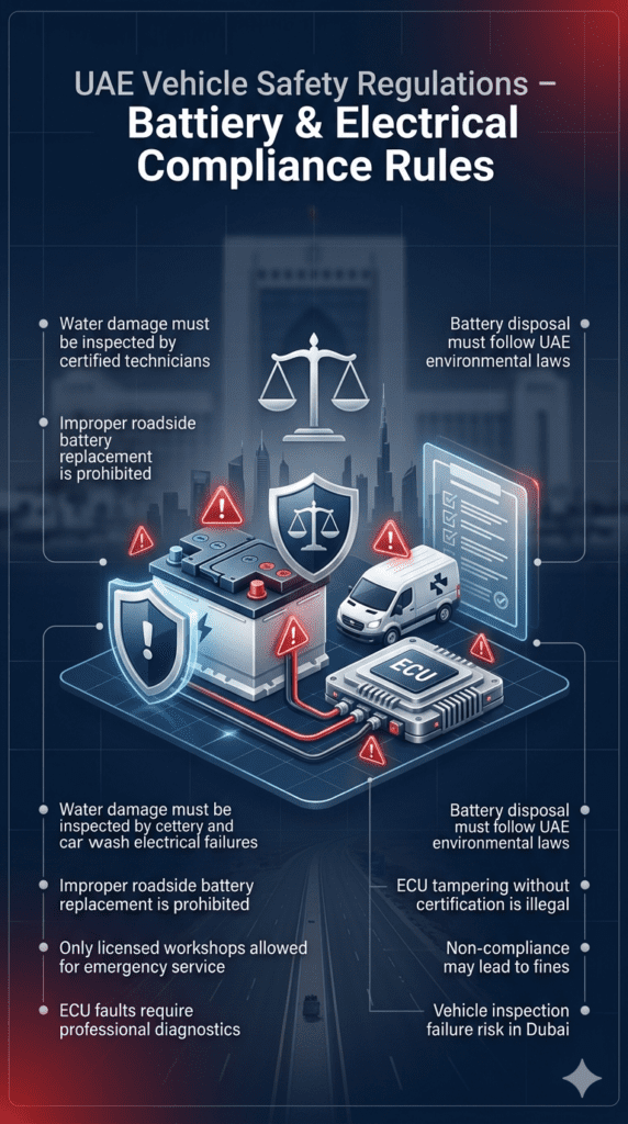 UAE car battery and electrical safety regulations infographic showing certified technician requirements, battery disposal laws, ECU repair restrictions, and roadside compliance rules in Dubai.