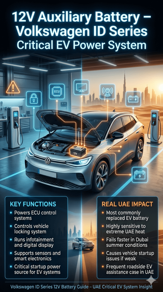 Volkswagen ID Series 12V auxiliary battery infographic showing ECU power system, locking and infotainment control, sensor connections, and UAE Dubai heat impact on EV auxiliary battery.