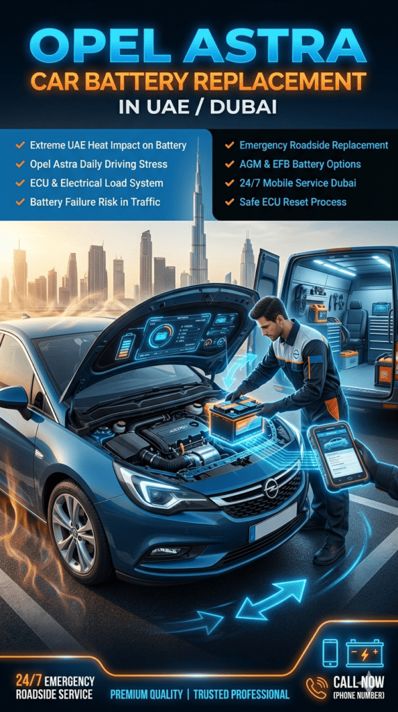 Opel Astra car battery replacement in UAE Dubai showing technician replacing battery with Dubai skyline and heat effect background