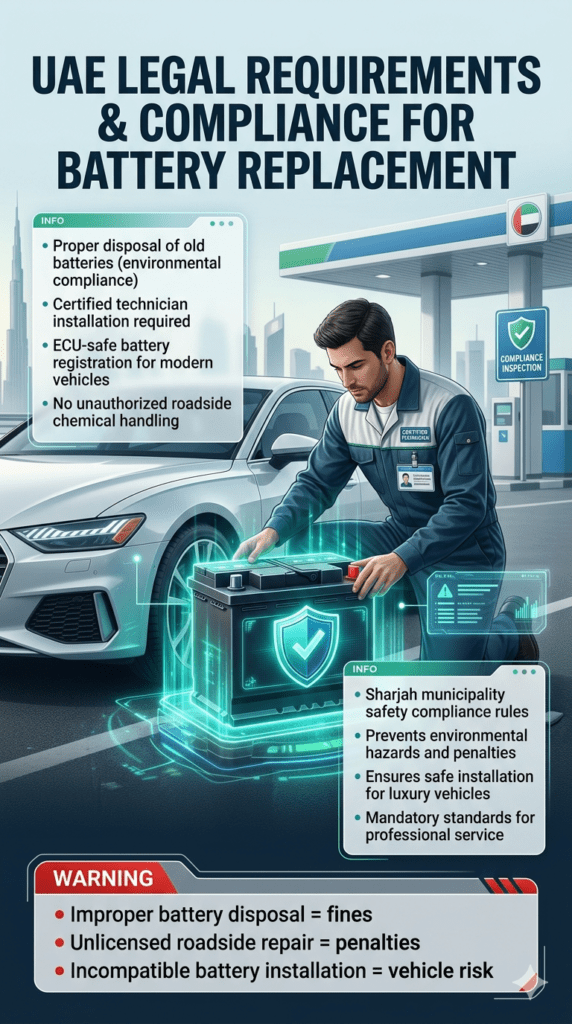 Certified car battery replacement compliance service in UAE showing technician installing battery with legal safety rules, environmental compliance, and ECU-safe installation guidelines infographic.