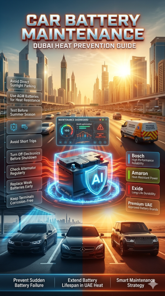 Car Battery Maintenance Guide for Dubai Heat Protection Dubai automotive maintenance infographic showing car battery care tips including avoiding sunlight, using AGM batteries, testing before summer, and keeping terminals corrosion-free.
