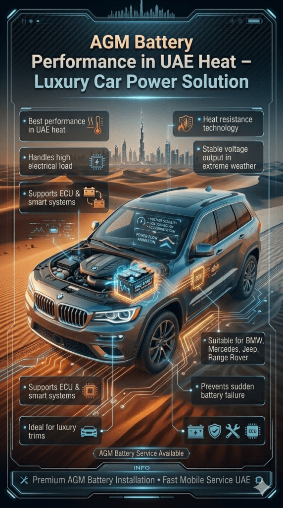 AGM car battery performance infographic showing UAE heat resistance, ECU compatibility, luxury car support, and high electrical load handling in modern automotive design.
