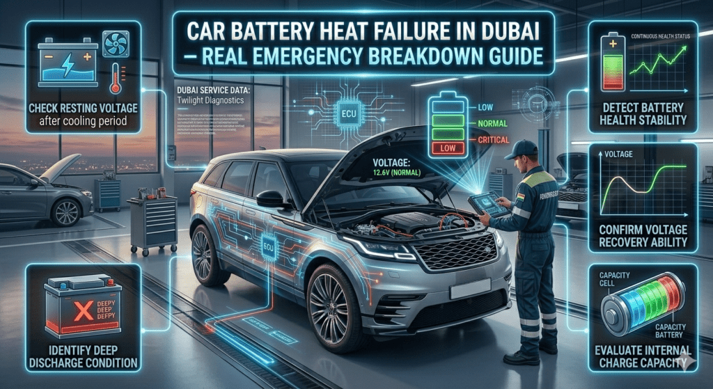 Luxury automotive infographic showing battery voltage testing in Dubai workshop, with mechanic using diagnostic tools on car battery, AI voltage display overlay, and side panels explaining resting voltage and deep discharge detection.