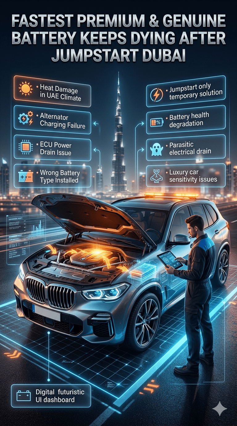Luxury car battery failure after jumpstart in Dubai showing diagnostic issues like alternator failure, ECU drain, and heat damage with premium roadside assistance concept.