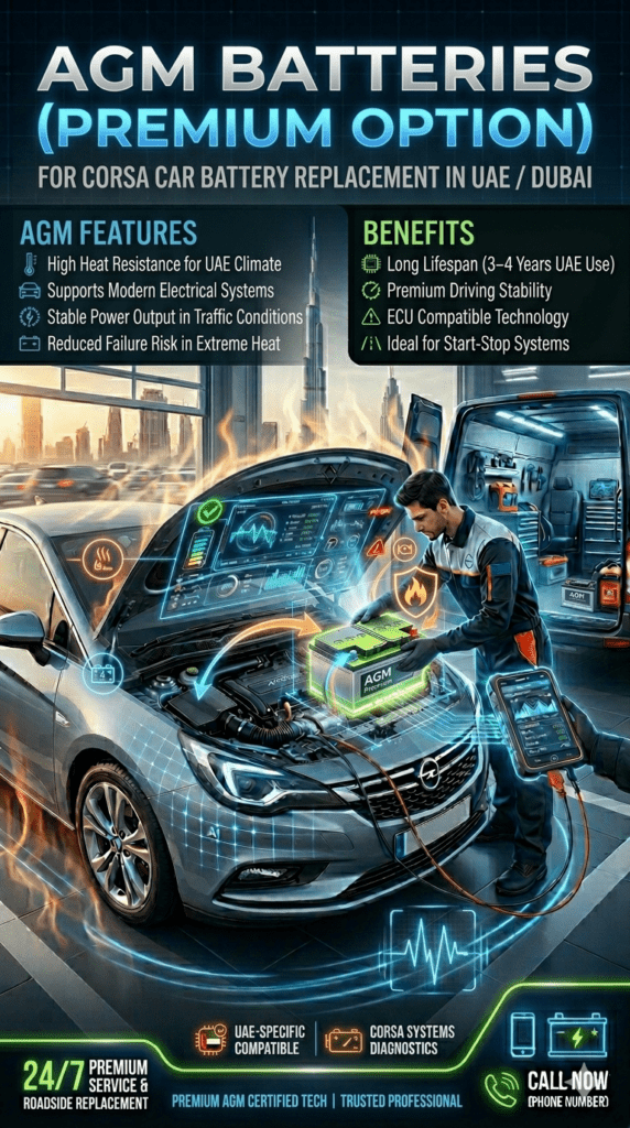 AGM battery installation in Opel Corsa showing premium heat resistance ECU compatibility and long lifespan for UAE Dubai conditions
