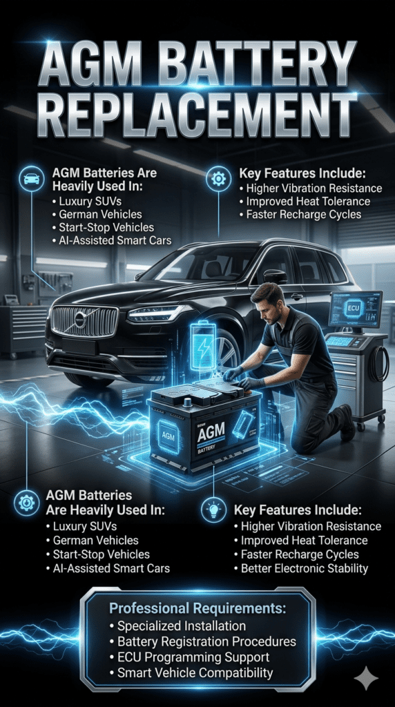 Premium AGM battery replacement infographic showing luxury SUV compatibility, smart vehicle support, advanced installation features, and AI automotive diagnostics.