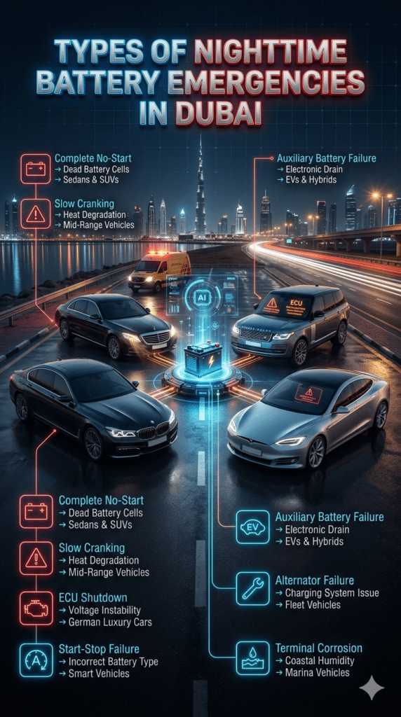 Luxury Dubai night infographic showing different car battery emergency types including no-start, slow cranking, ECU shutdown, start-stop failure, EV battery failure, alternator issues, and corrosion problems.