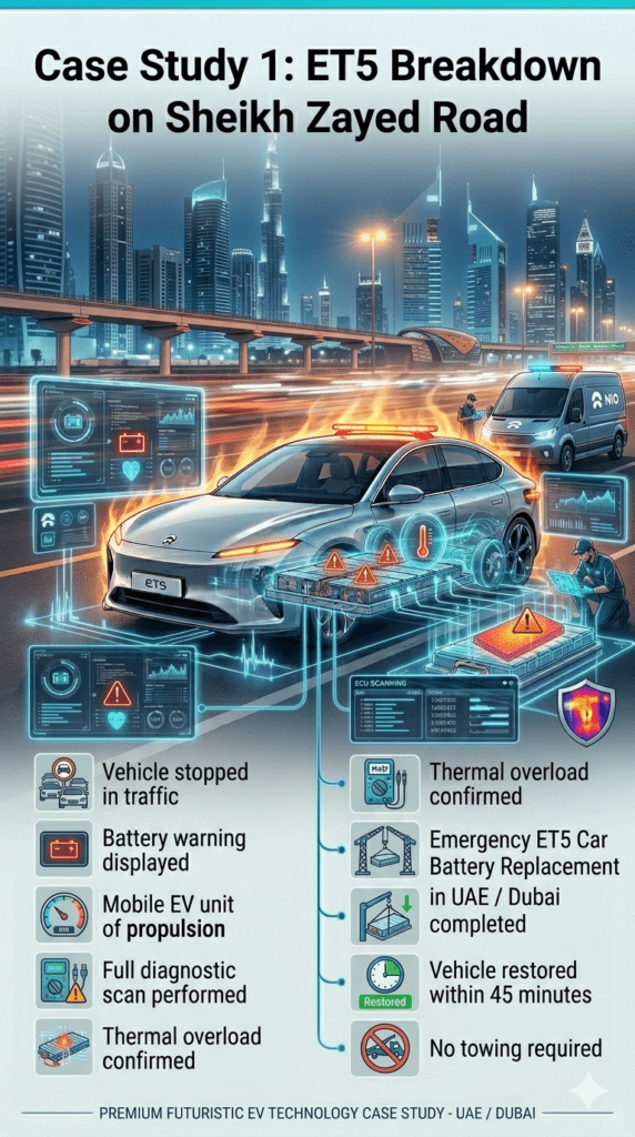 Infographic showing ET5 breakdown on Sheikh Zayed Road Dubai with overheating battery failure, emergency EV mobile service response, diagnostics, and battery replacement in a futuristic automotive scene.