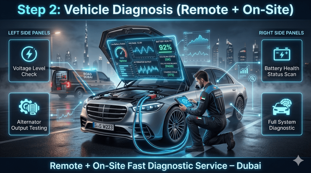 Vehicle battery diagnosis process in Dubai showing technician checking voltage, alternator output, and battery health using advanced diagnostic tools.