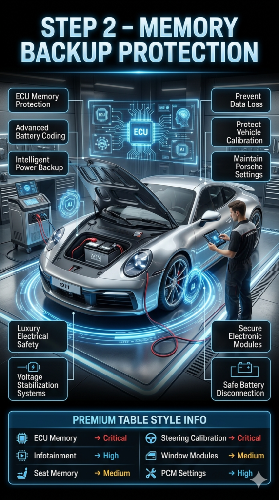Porsche Memory Backup Protection During Battery Replacement Luxury Porsche 911 memory backup protection infographic showing ECU memory safety, infotainment protection, steering calibration, and advanced battery replacement diagnostics.