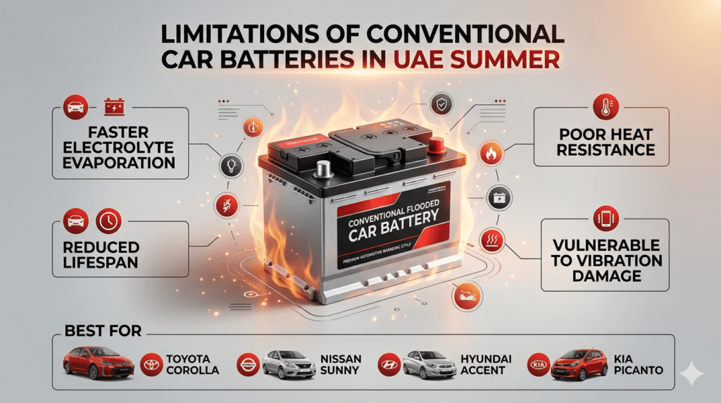 Premium infographic showing the limitations of conventional car batteries in UAE summer with heat-related battery problems and suitable economy cars.