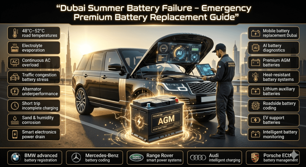 Dubai Summer Battery Failure – Premium Emergency Battery Replacement Guide Luxury Dubai roadside battery replacement infographic showing premium SUV battery failure caused by extreme UAE summer heat, smart vehicle electronics load, traffic congestion, and AI-powered battery diagnostic service.