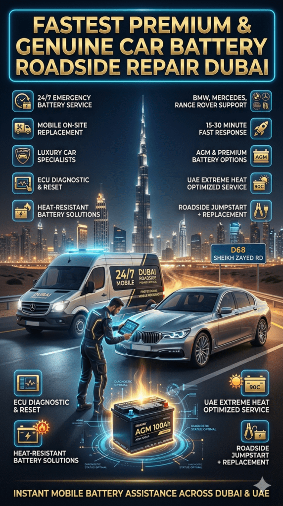 Luxury roadside car battery replacement service in Dubai showing mobile technician performing emergency battery repair on premium vehicles with city skyline and diagnostic tools