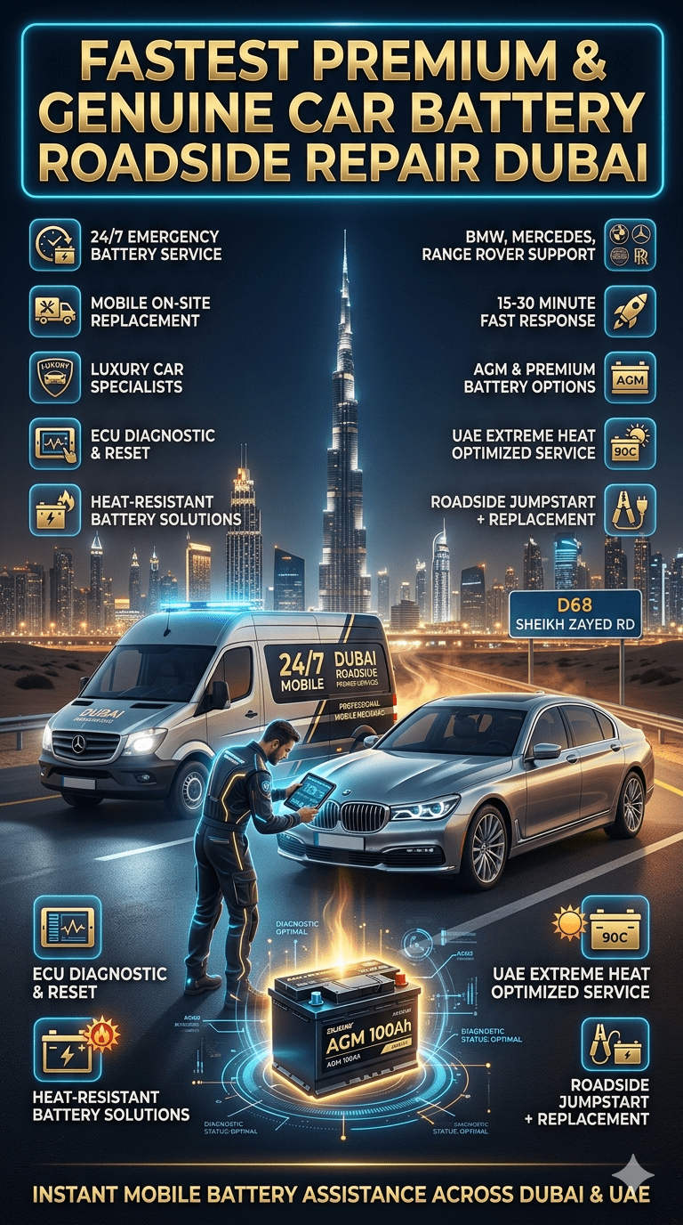 Luxury roadside car battery replacement service in Dubai showing mobile technician performing emergency battery repair on premium vehicles with city skyline and diagnostic tools