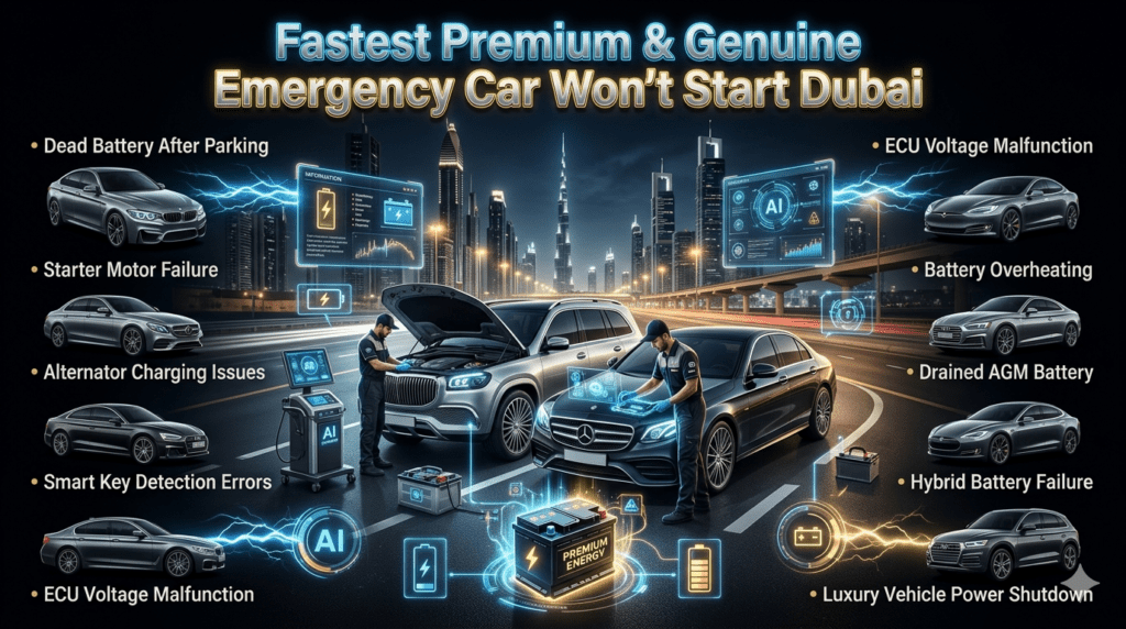 Fastest Premium and Genuine Emergency Car Won’t Start Dubai roadside battery replacement service with luxury vehicles, AI diagnostics, AGM battery support, and futuristic roadside assistance graphics in Dubai skyline.