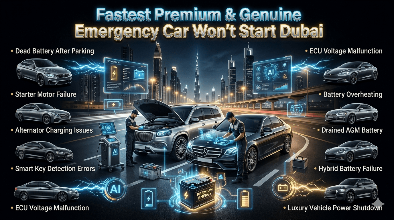 Fastest Premium and Genuine Emergency Car Won’t Start Dubai roadside battery replacement service with luxury vehicles, AI diagnostics, AGM battery support, and futuristic roadside assistance graphics in Dubai skyline.