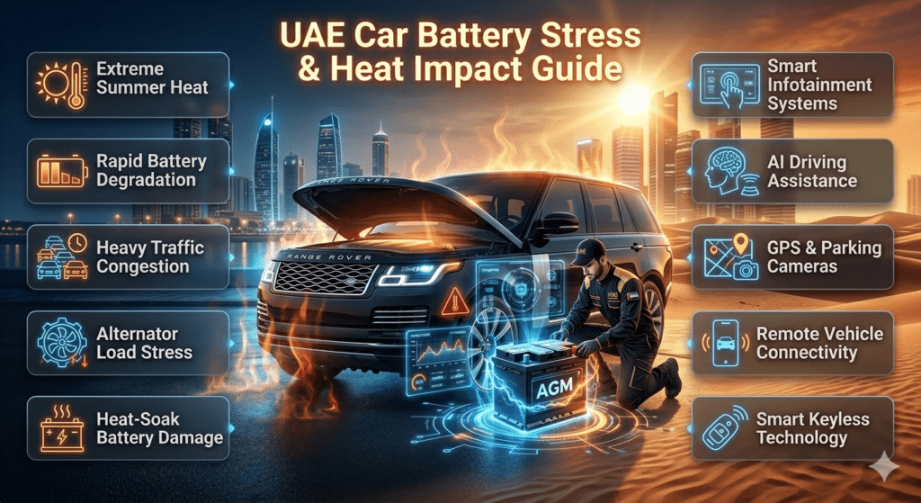 Premium futuristic infographic showing UAE heat impact on car batteries with luxury SUV, AGM battery, thermal stress effects, and smart vehicle electrical systems in Sharjah UAE.
