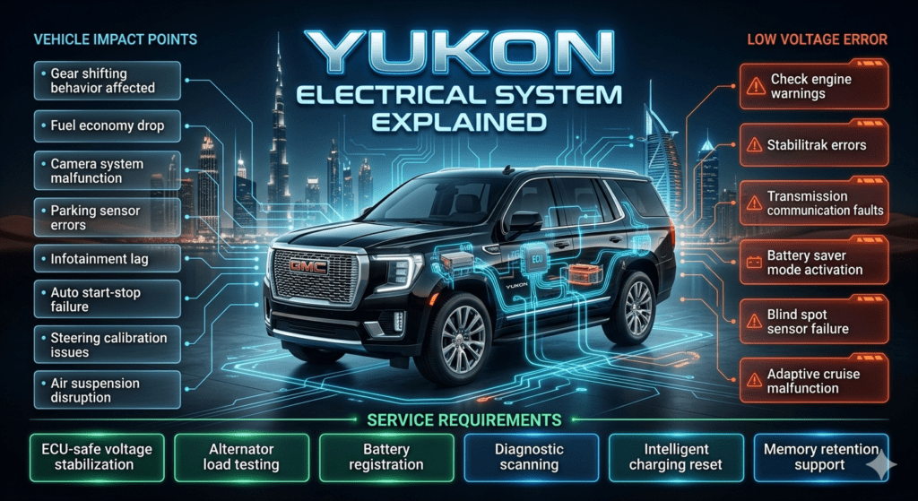 Futuristic GMC Yukon electrical system infographic showing ECU, sensors, and battery-related issues with diagnostic requirements and warning indicators in a Dubai luxury automotive environment.