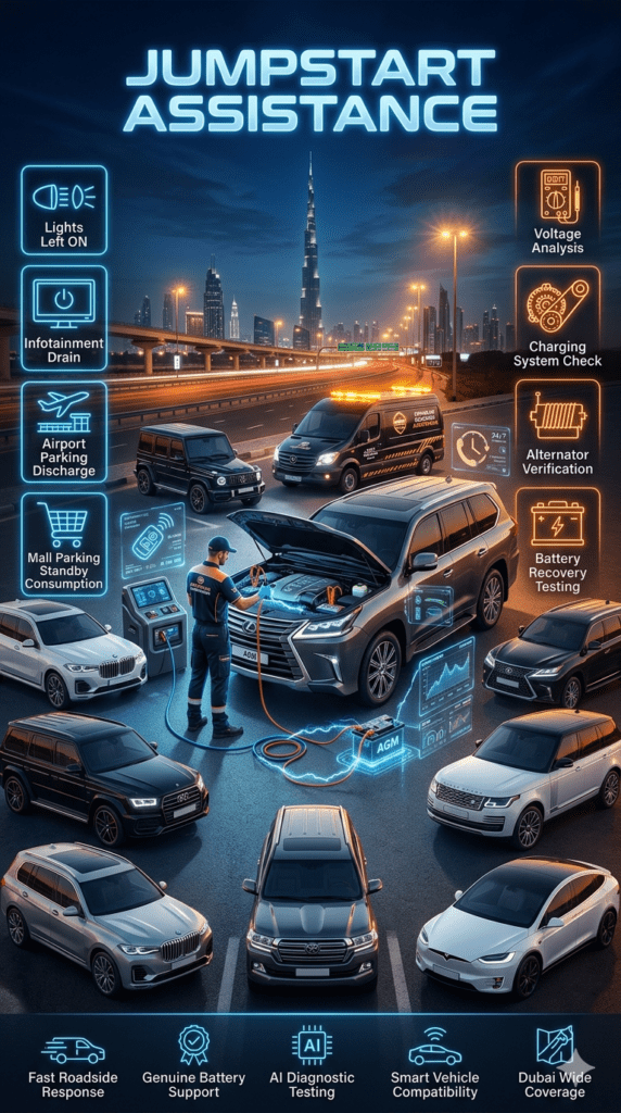 Premium Dubai roadside jumpstart assistance infographic showing luxury vehicles, AI battery diagnostics, emergency jumpstart service, and advanced roadside support visuals.