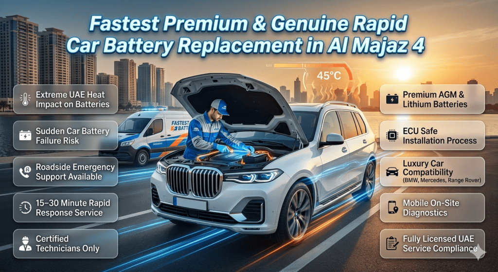 Premium roadside car battery replacement service in Al Majaz 4 showing technician replacing a battery in a luxury SUV with infographic-style benefits on both sides and Sharjah skyline background.