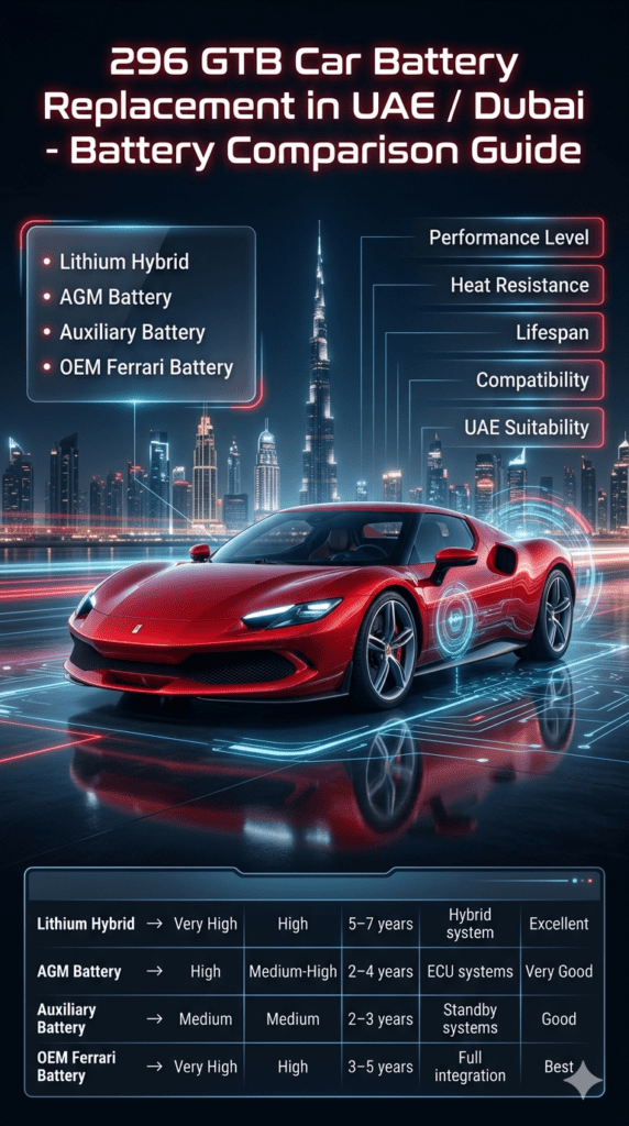 Ferrari 296 GTB luxury supercar displayed in a futuristic Dubai skyline infographic showing battery comparison table including lithium hybrid, AGM, auxiliary, and OEM Ferrari batteries with performance, heat resistance, lifespan, and UAE suitability details.