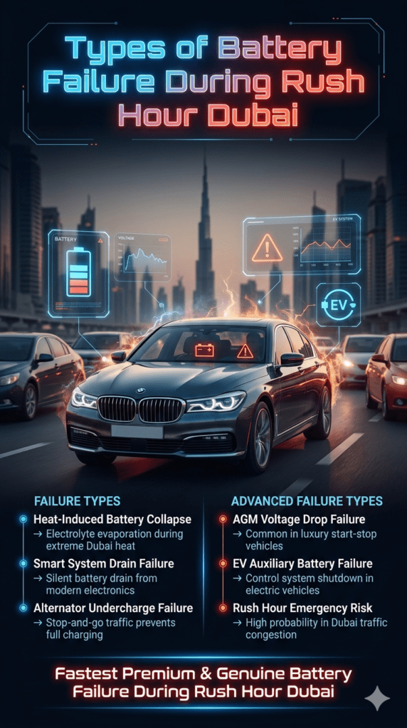 Luxury car battery failure types infographic in Dubai showing heat-induced collapse, smart system drain, alternator undercharge, AGM voltage drop, and EV auxiliary failure during rush hour traffic.