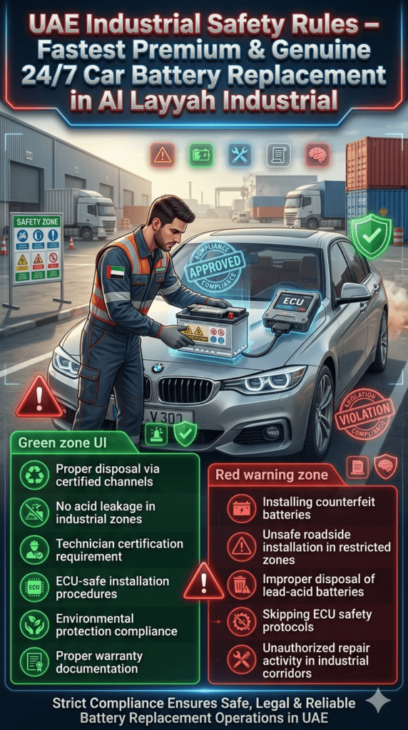 Fastest Premium & Genuine 24/7 Car Battery Replacement in Al Layyah Industrial β UAE Safety Rules & Compliance Standards UAE industrial safety rules infographic for car battery replacement in Al Layyah Industrial showing compliance guidelines, violations, technician certification, and ECU-safe installation procedures.