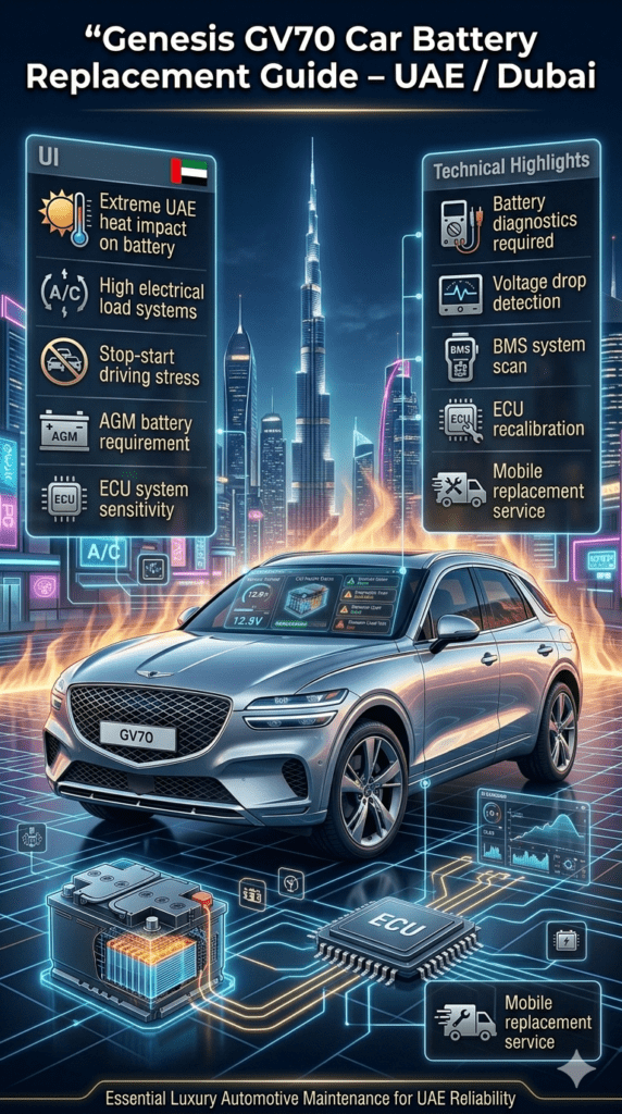 Genesis GV70 luxury SUV battery replacement guide infographic showing UAE Dubai heat impact, diagnostics steps, ECU reset process, and AGM battery requirements in a futuristic automotive design layout.