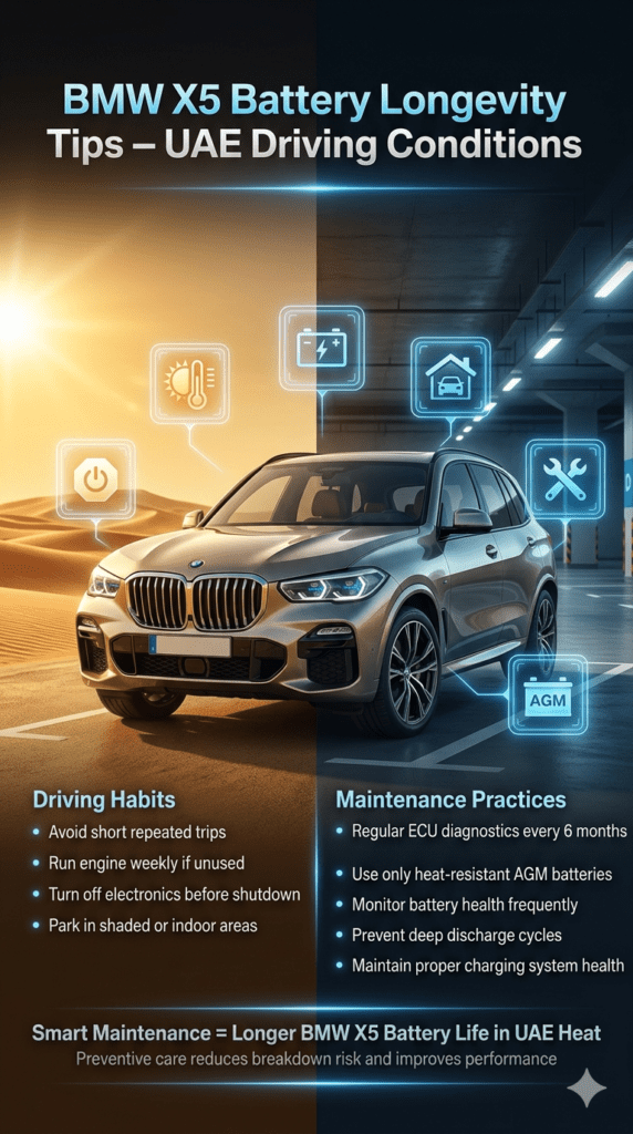 BMW X5 battery longevity infographic showing maintenance tips for UAE conditions including heat protection, driving habits, ECU diagnostics, and AGM battery usage.