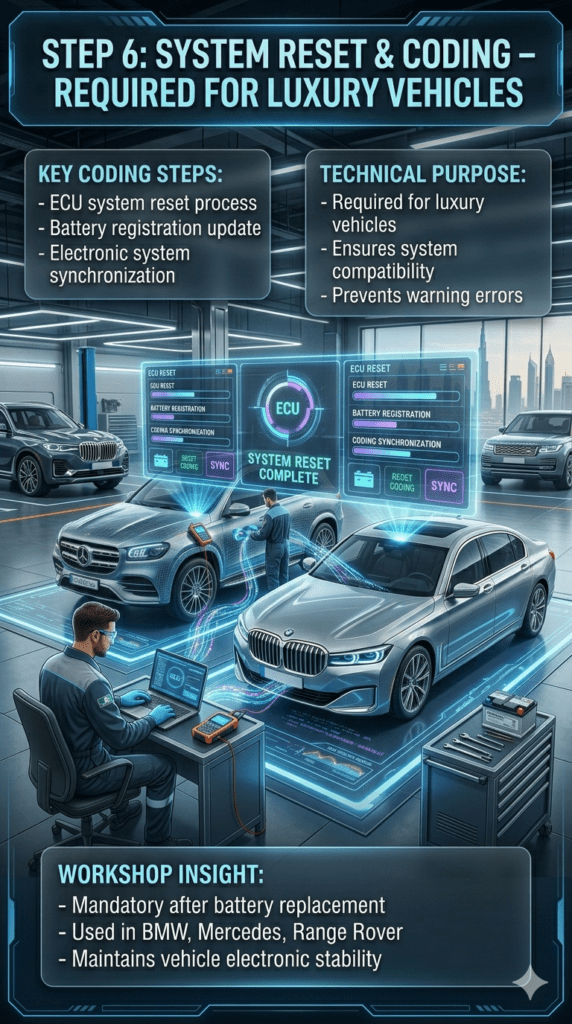 Car battery system reset and ECU coding infographic showing luxury vehicle diagnostic programming process in Dubai workshop with digital ECU synchronization and battery registration.
