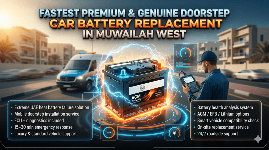 Premium doorstep car battery replacement service in Muwailah West showing luxury battery installation, mobile mechanic diagnostics, and UAE heat emergency automotive support system.