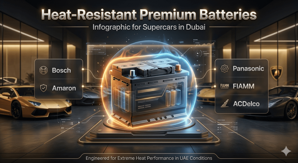 Premium infographic showing heat-resistant car batteries with central battery image and side panels listing Bosch, Amaron, Panasonic, FIAMM, and ACDelco for Dubai supercars.