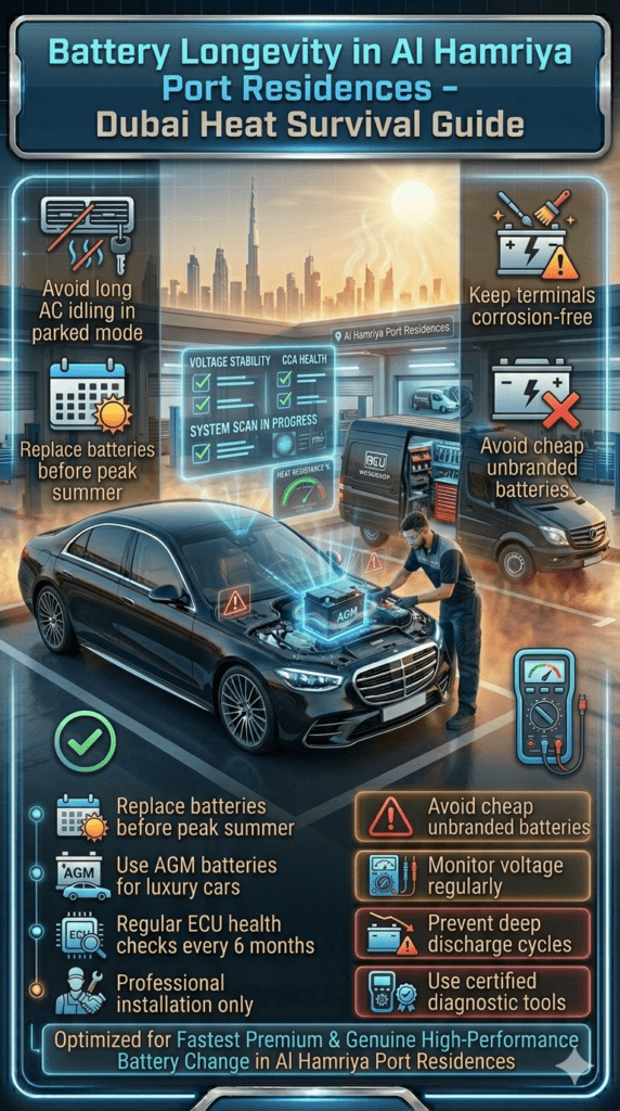 Luxury car battery maintenance scene in Dubai showing technician inspecting engine battery with heat wave background and infographic style longevity tips for UAE conditions.