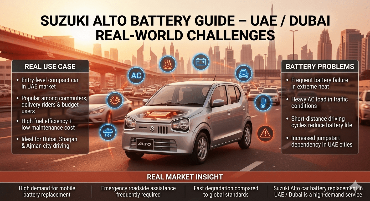 Suzuki Alto car battery replacement infographic showing compact city car in UAE Dubai, highlighting extreme heat effects, traffic stress, and high demand for mobile battery replacement services.