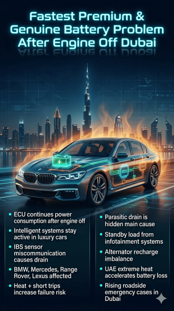 Luxury car battery diagnostic infographic showing engine-off battery drain issues in Dubai with ECU, IBS sensor, and heat impact visualization.