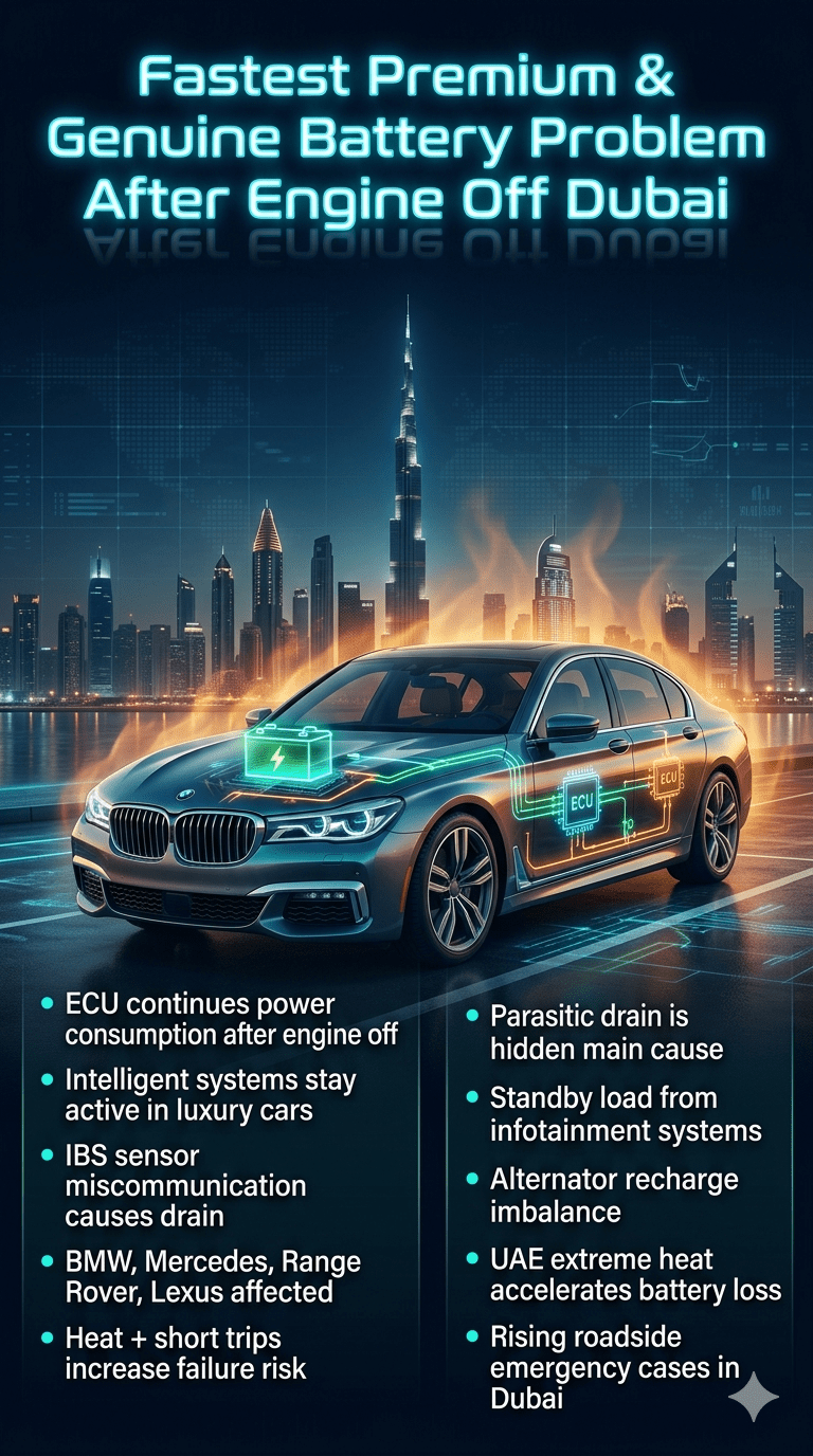 Luxury car battery diagnostic infographic showing engine-off battery drain issues in Dubai with ECU, IBS sensor, and heat impact visualization.