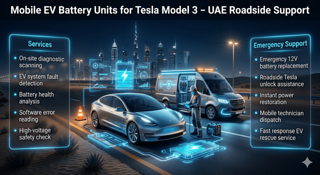 Mobile EV Battery Units for Tesla Model 3 Roadside Support in UAE Tesla Model 3 roadside emergency battery service in UAE with mobile EV unit, technician diagnostics, and futuristic EV support visuals.