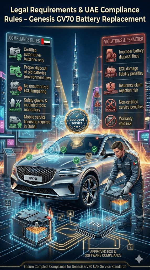Luxury automotive infographic showing legal requirements and UAE compliance rules for Genesis GV70 battery replacement in Dubai, including certified battery use, disposal regulations, ECU safety rules, and violation penalties.