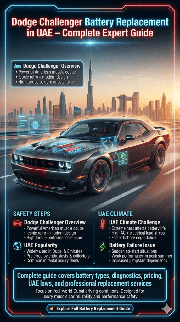 Futuristic Dodge Challenger driving in Dubai with holographic infographic panels explaining UAE heat impact, battery failure issues, and introduction to complete battery replacement guide.