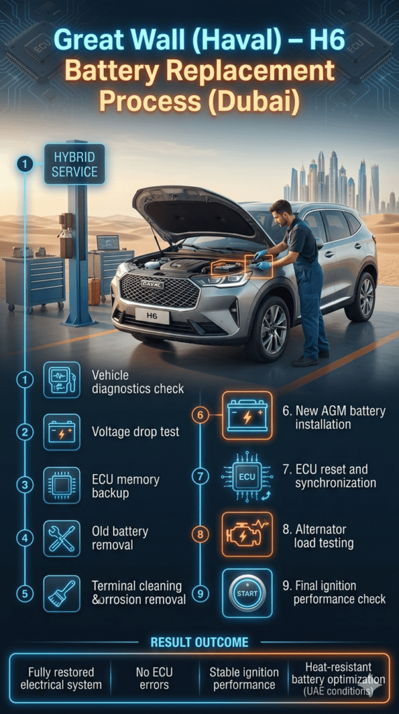 Step-by-step Great Wall Haval H6 battery replacement process infographic in Dubai showing diagnostics, ECU reset, AGM installation, and final testing procedure.