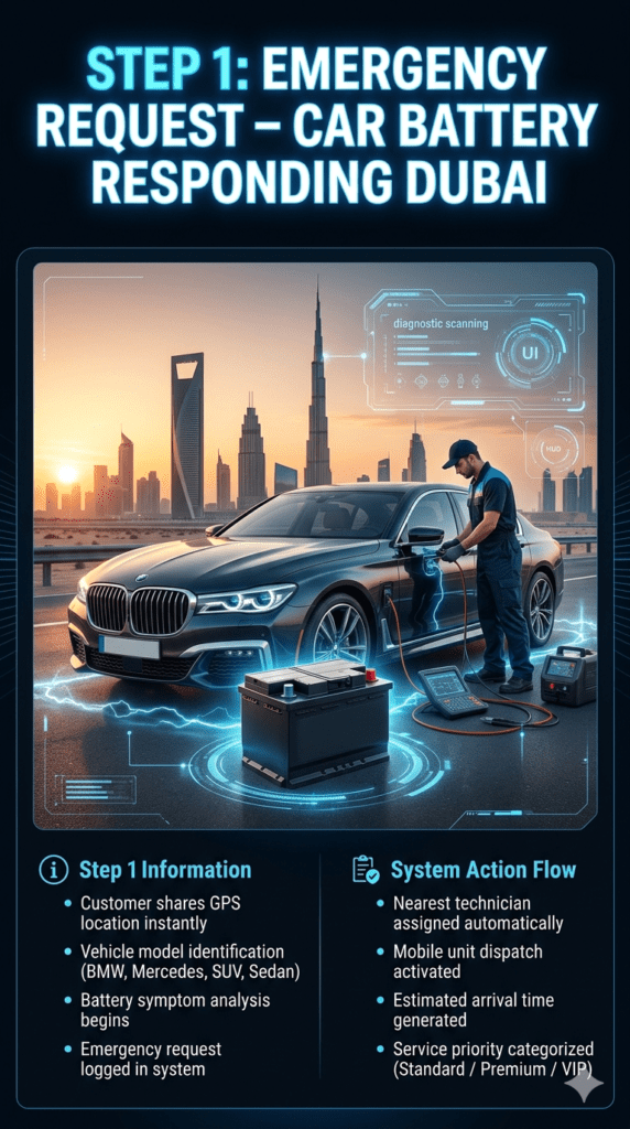 Step 1 Emergency Request – Car Battery Not Responding Dubai Process Guide Step-by-step emergency car battery request system in Dubai showing GPS location sharing, vehicle identification, and diagnostic analysis with luxury car roadside assistance.