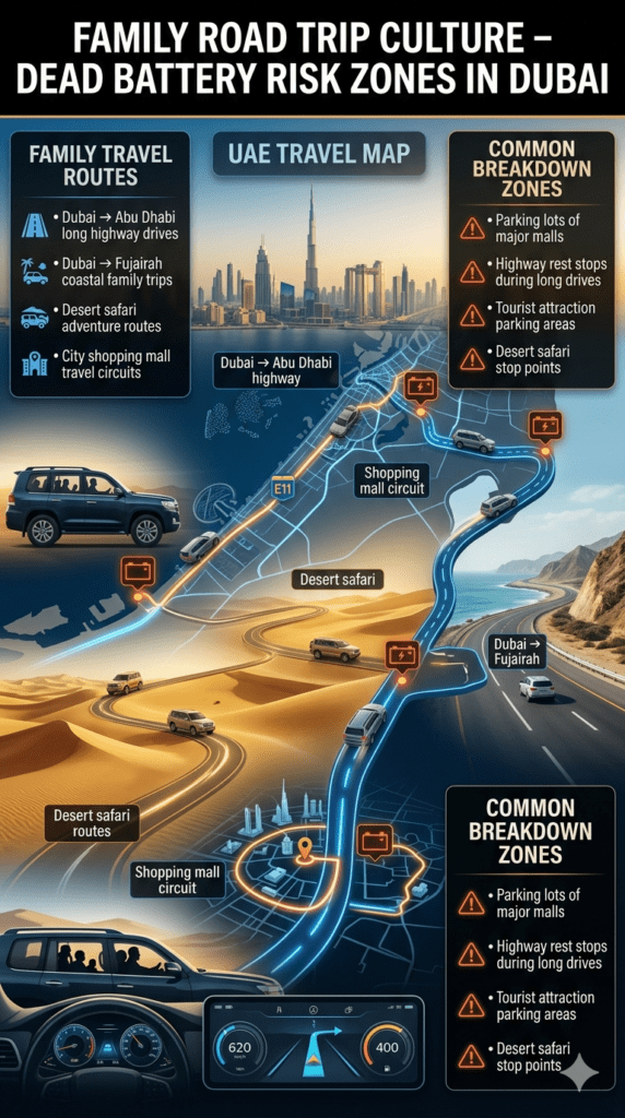 Infographic showing family road trip routes in Dubai UAE with SUV travel between cities and breakdown risk points where car battery failure commonly occurs in parking lots, highways, and tourist areas.