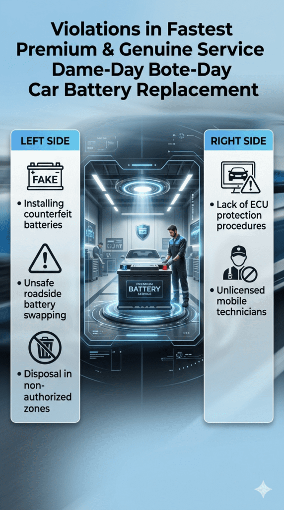 Infographic showing violations in car battery replacement services including counterfeit batteries, unsafe roadside swapping, improper disposal, ECU protection issues, and unlicensed technicians with a premium automotive center visual.
