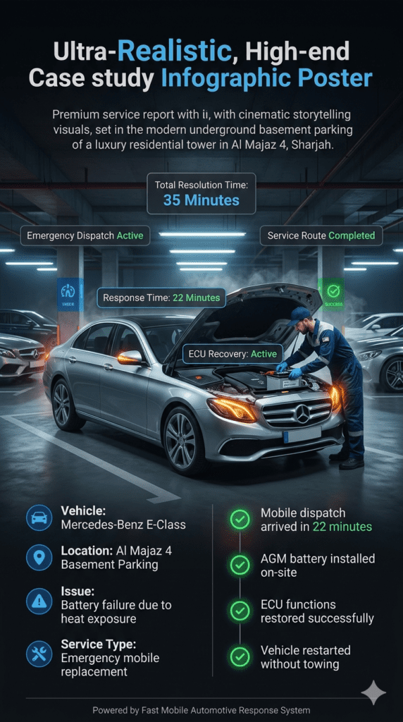 Mercedes-Benz E-Class battery replacement case study in Al Majaz 4 basement parking showing mobile technician replacing AGM battery with response and repair time details.