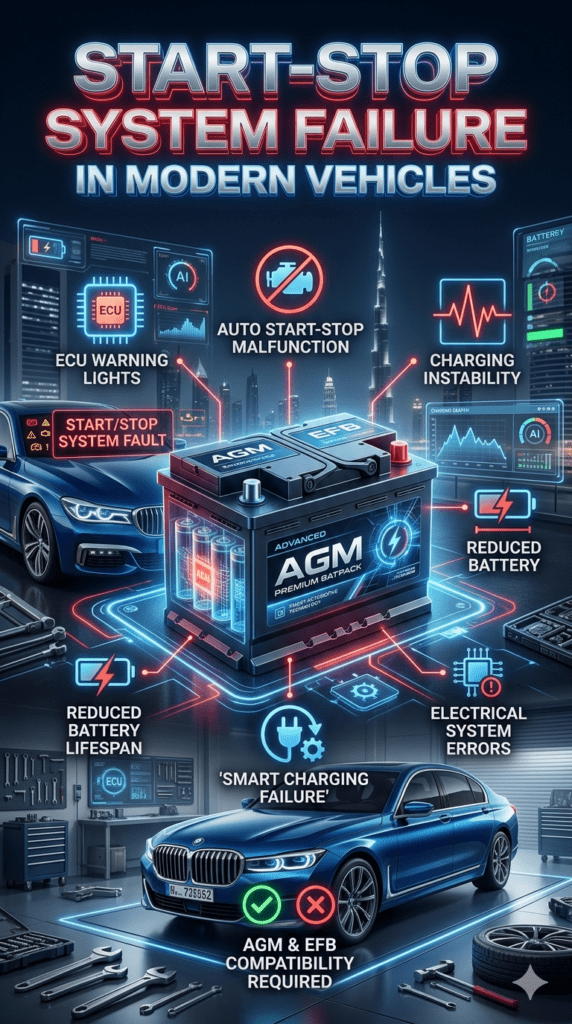 Start-Stop System Failure in Modern Vehicles Premium automotive infographic showing start-stop system failure caused by incorrect flooded battery installation, leading to ECU warnings, charging instability, and reduced battery lifespan.