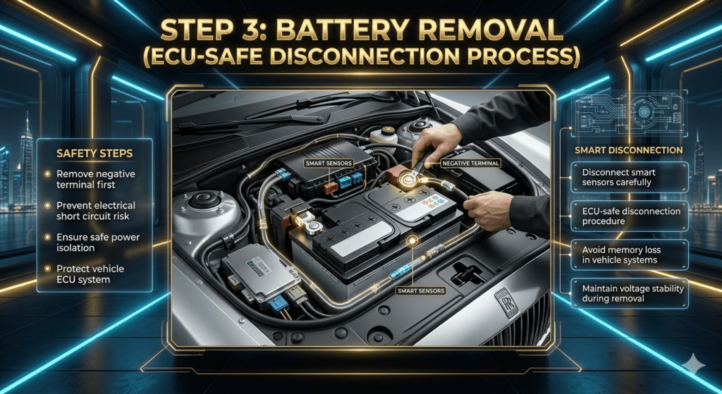 Luxury car battery removal step showing ECU-safe disconnection, negative terminal removal, and smart sensor handling in a futuristic automotive workshop.