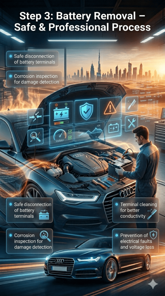 Premium infographic showing Step 3 Battery Removal for Audi A6 in UAE, highlighting safe disconnection, corrosion inspection, and terminal cleaning in a luxury workshop environment.
